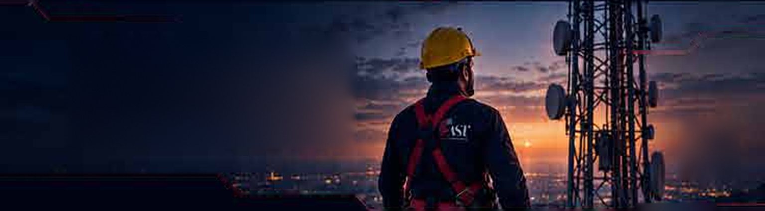 AST technician in a safety harness looking out at a telecom mast at sunset